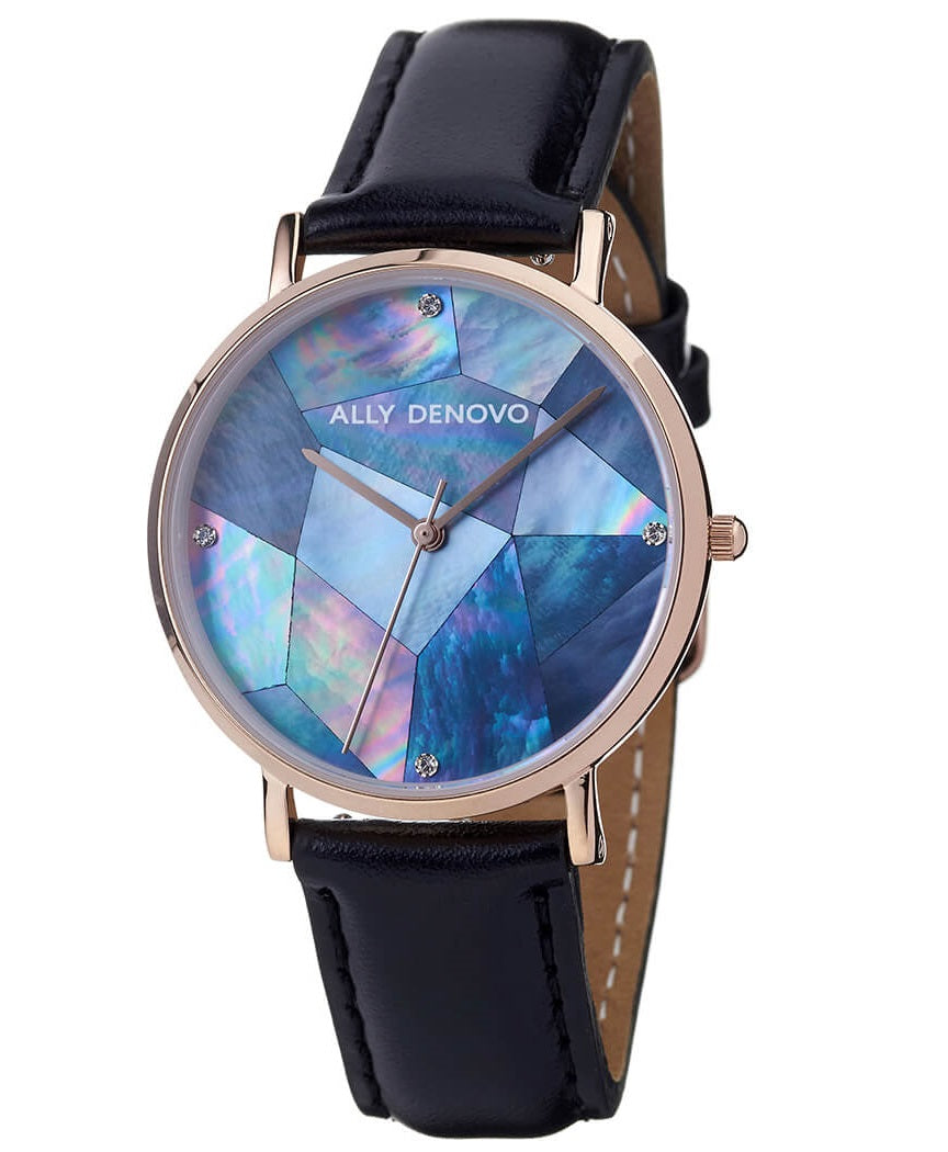 ALLY DENOVO AF5003.7 Gaia Rose Gold case Blue Pearl Dial Black leather